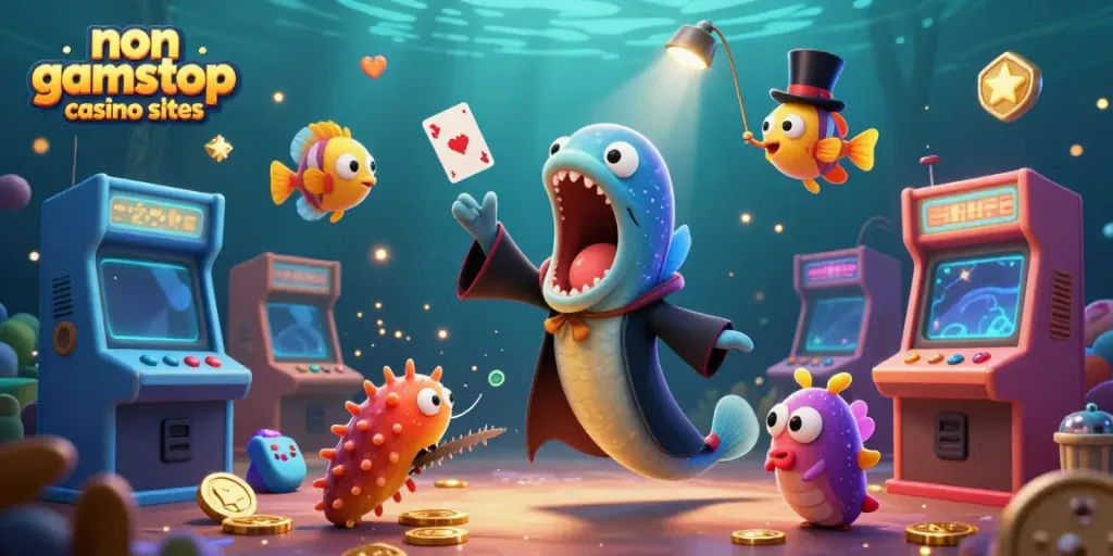 Experience the magical charm of non gamstop casino sites with a themed underwater casino illustration featuring captivating characters and games.