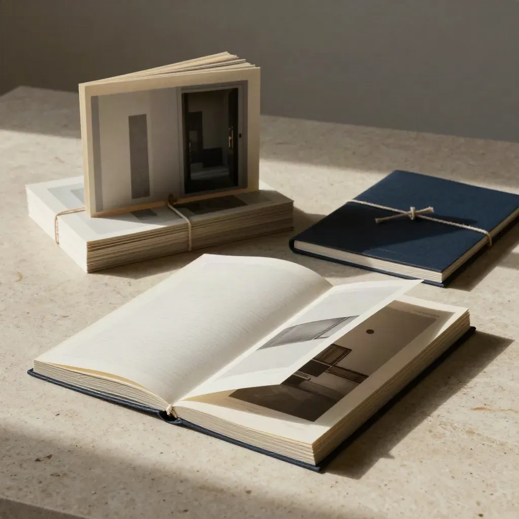 Maquettes de pages, preuves reliées et dossier navy sur travertin, lumière dramatique.