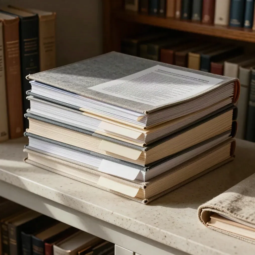 Folio SEO en lin, livres de recherche et onglets gris dans une bibliothèque feutrée.