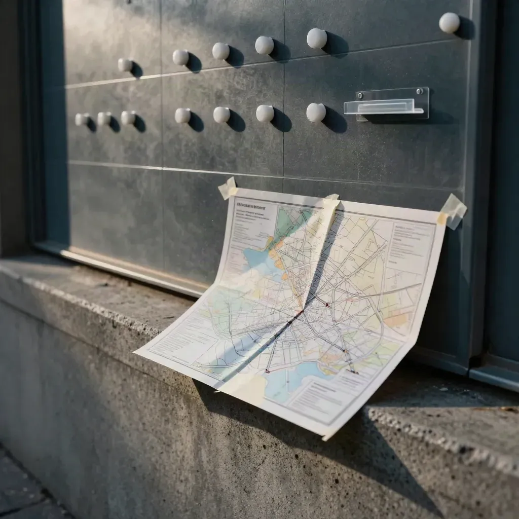Carte urbaine abstraite, repères blancs et plan plié sur un rebord en béton.