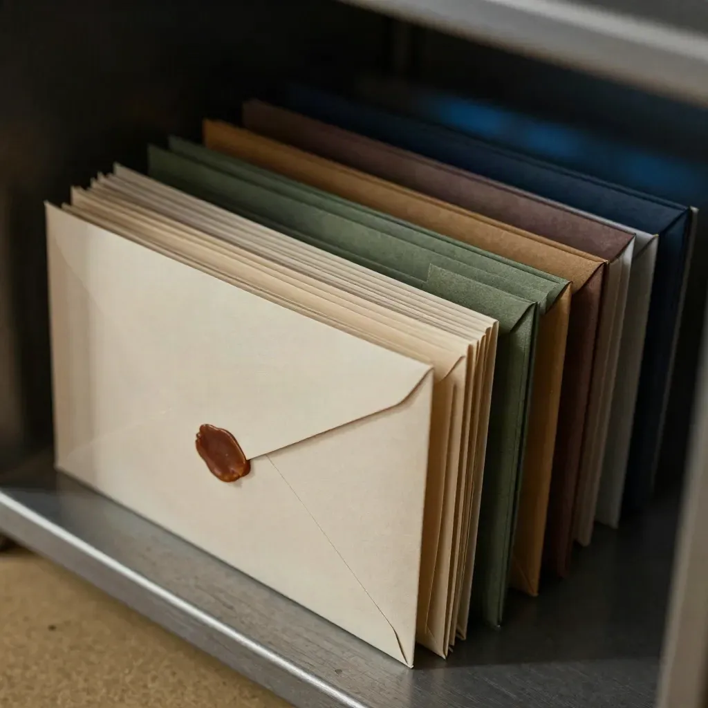 Vue zénithale d’enveloppes scellées et de bacs de tri, lumière cinématographique bleutée.