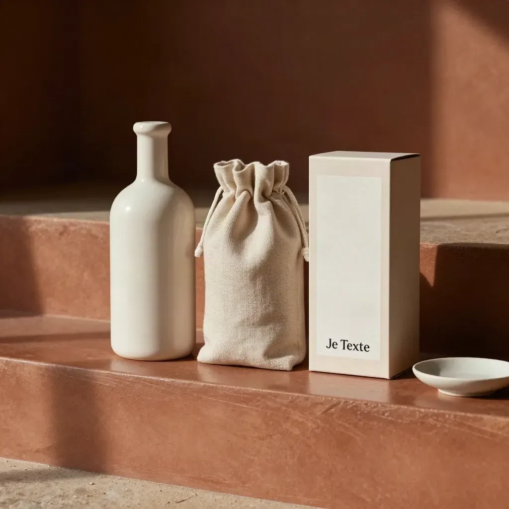 Bouteille en grès, pochette en lin et boîte claire sur une base terracotta, lumière chaude.
