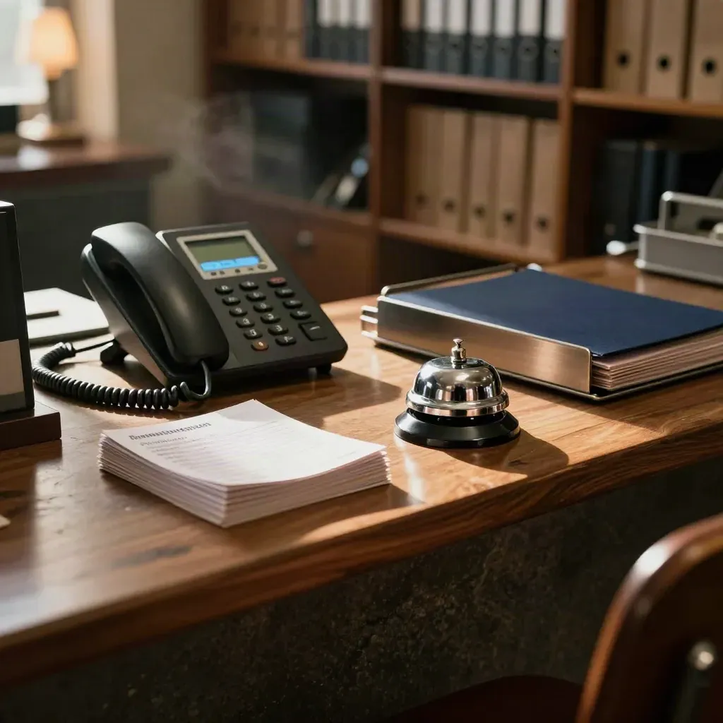 Coin d’accueil d’un cabinet comptable avec téléphone allumé, cartes face cachée et clochette.