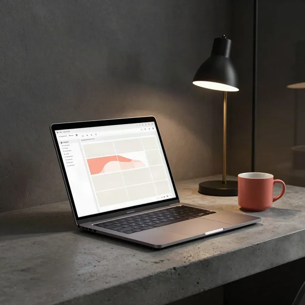 Portable, lampe et mug sur un bureau sobre, interface abstraite lumineuse.