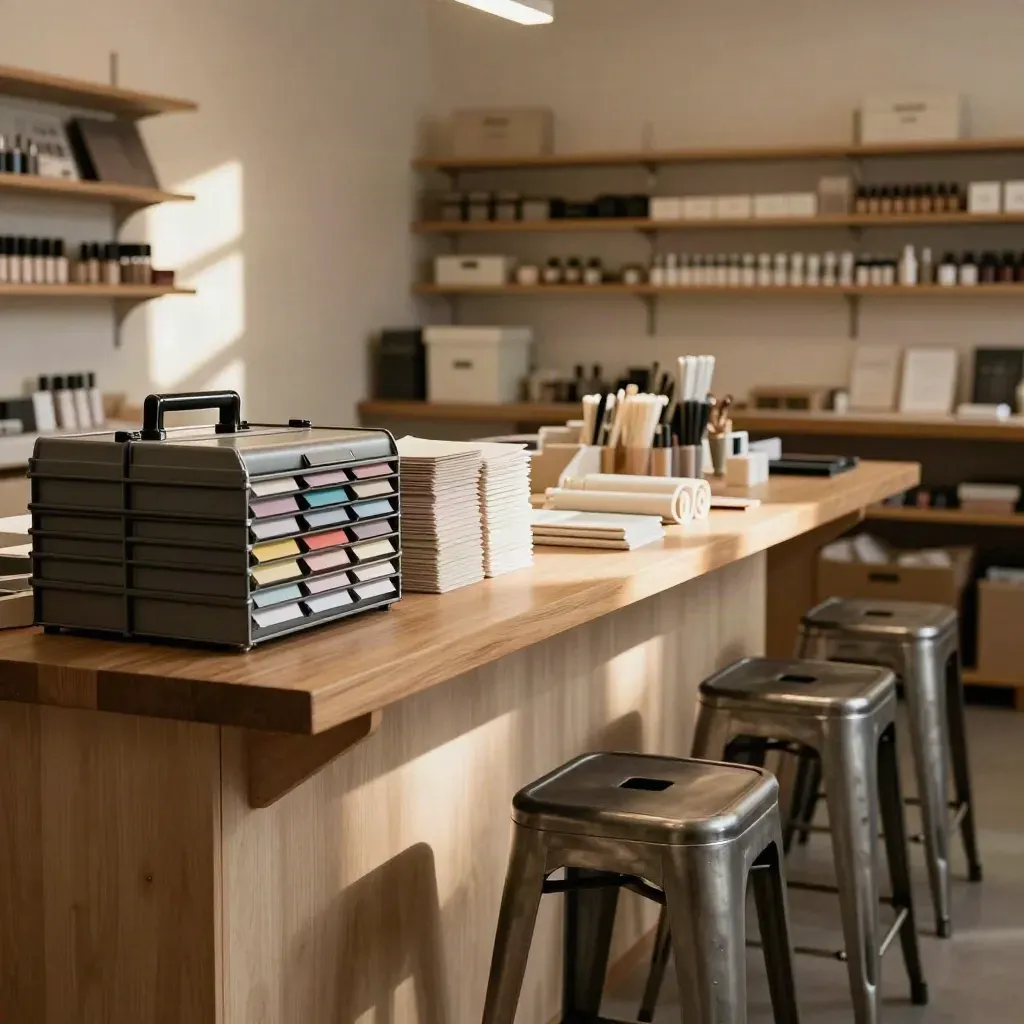 Atelier local lumineux avec kits empilés, étiquettes colorées et tabourets vides.
