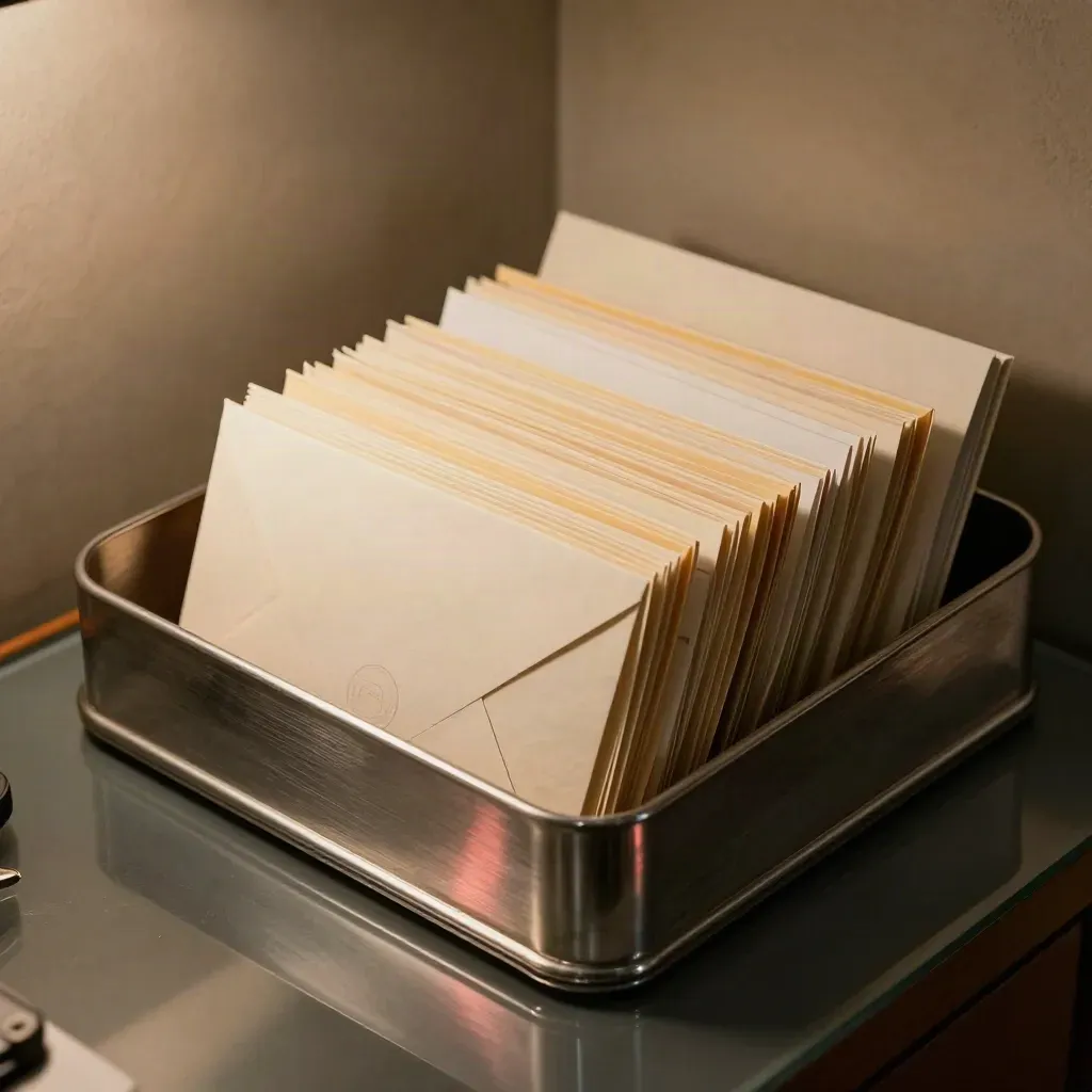 Plateau courrier avec enveloppes et cartes-réponse retournées, lumière dramatique.