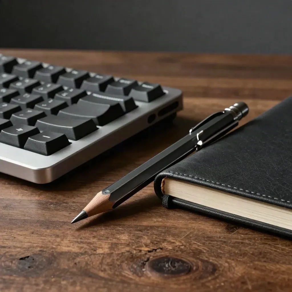 Crayon mécanique usé, clavier compact et carnet cuir sur bureau en bois sombre.