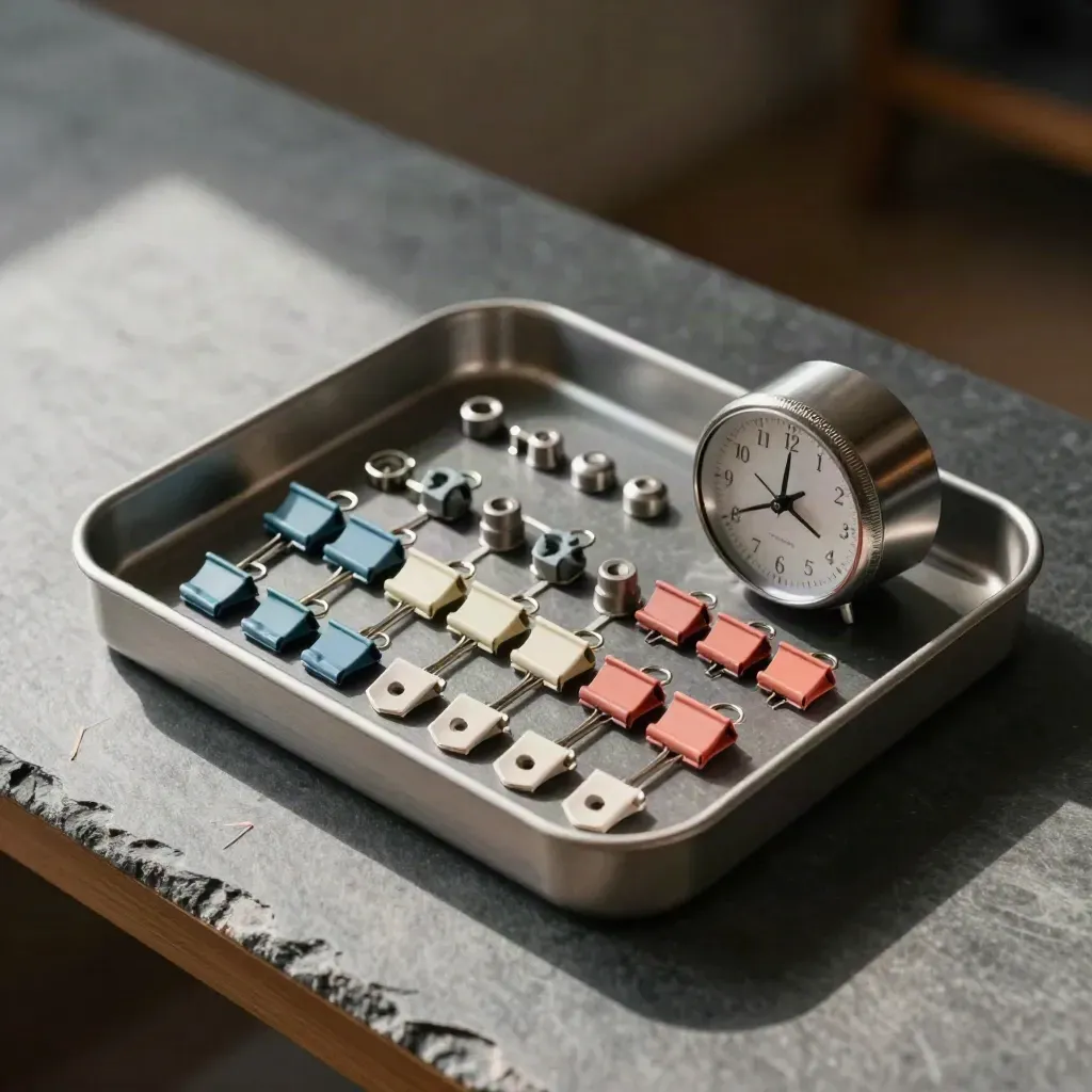 Vue macro d’un organiseur de projet avec clips colorés, minuteur et jetons de tri sur ardoise.