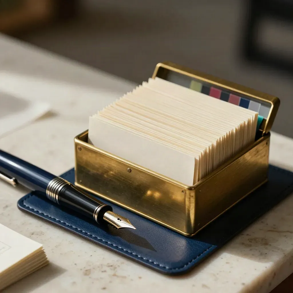 Boîte d’index en laiton, stylo plume et porte-cartes sur travertin, lumière rasante.