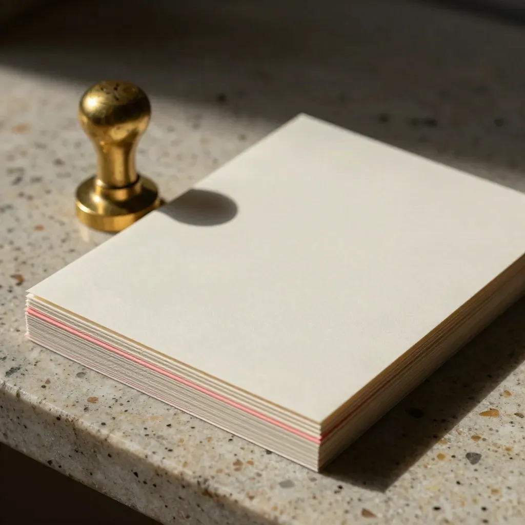 Macro de cartes d’offre retournées, sceau en laiton et bords de papier empilés sur travertin.