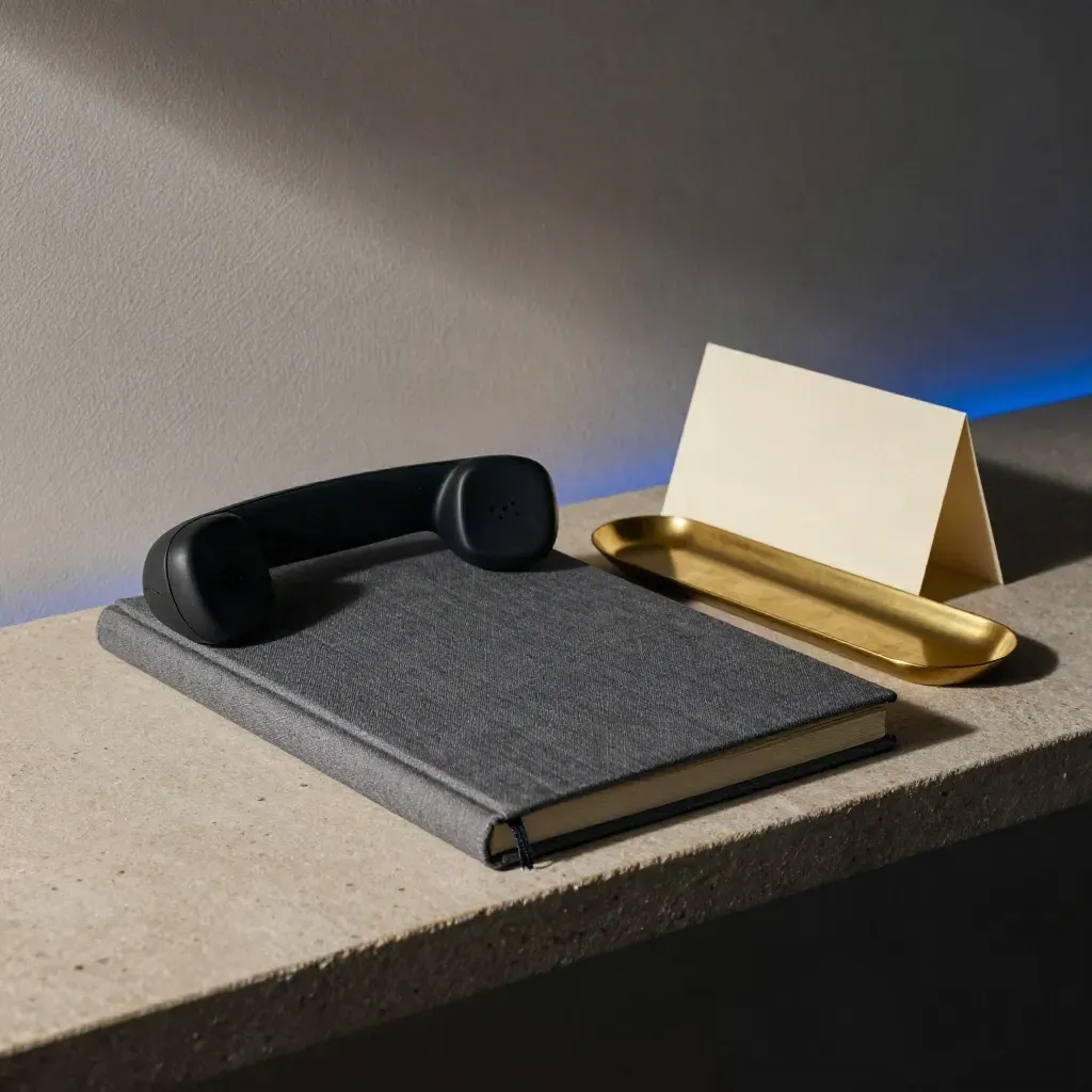 Petit carnet fermé, téléphone noir et plateau en laiton sur une étagère de pierre.