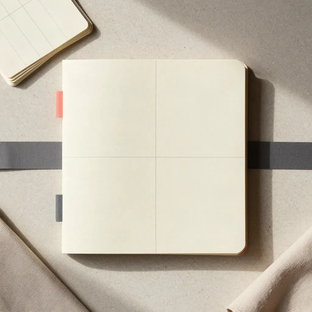 Vue zénithale d’un carnet, de tabs corail et de fiches sur pierre claire.