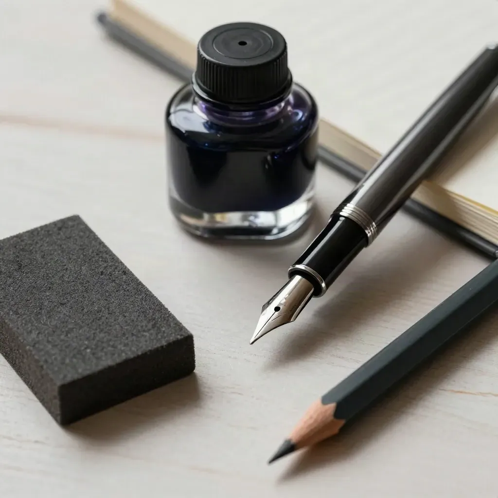 Stylo plume, encrier, buvard et crayon sur bois pâle, lumière douce latérale.
