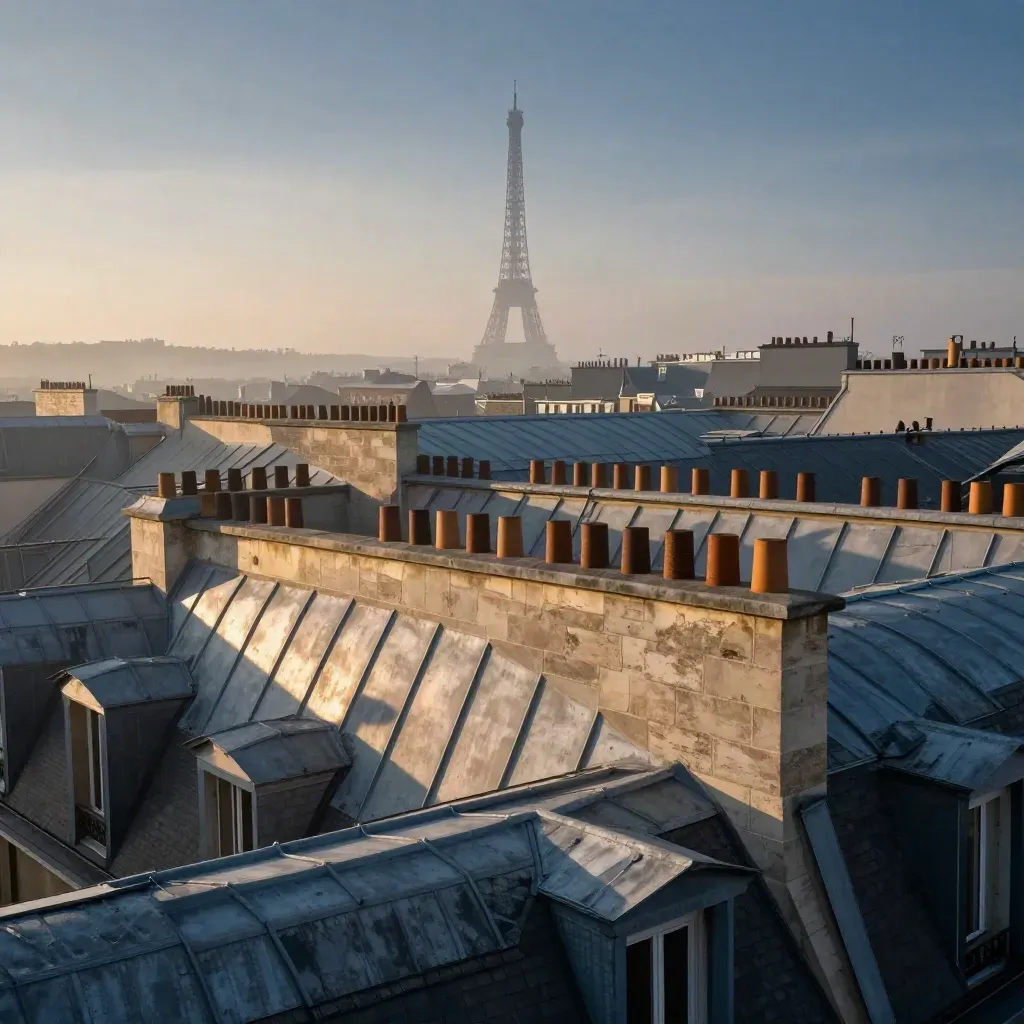 Toits de Paris au lever du soleil, tour Eiffel dans la brume.