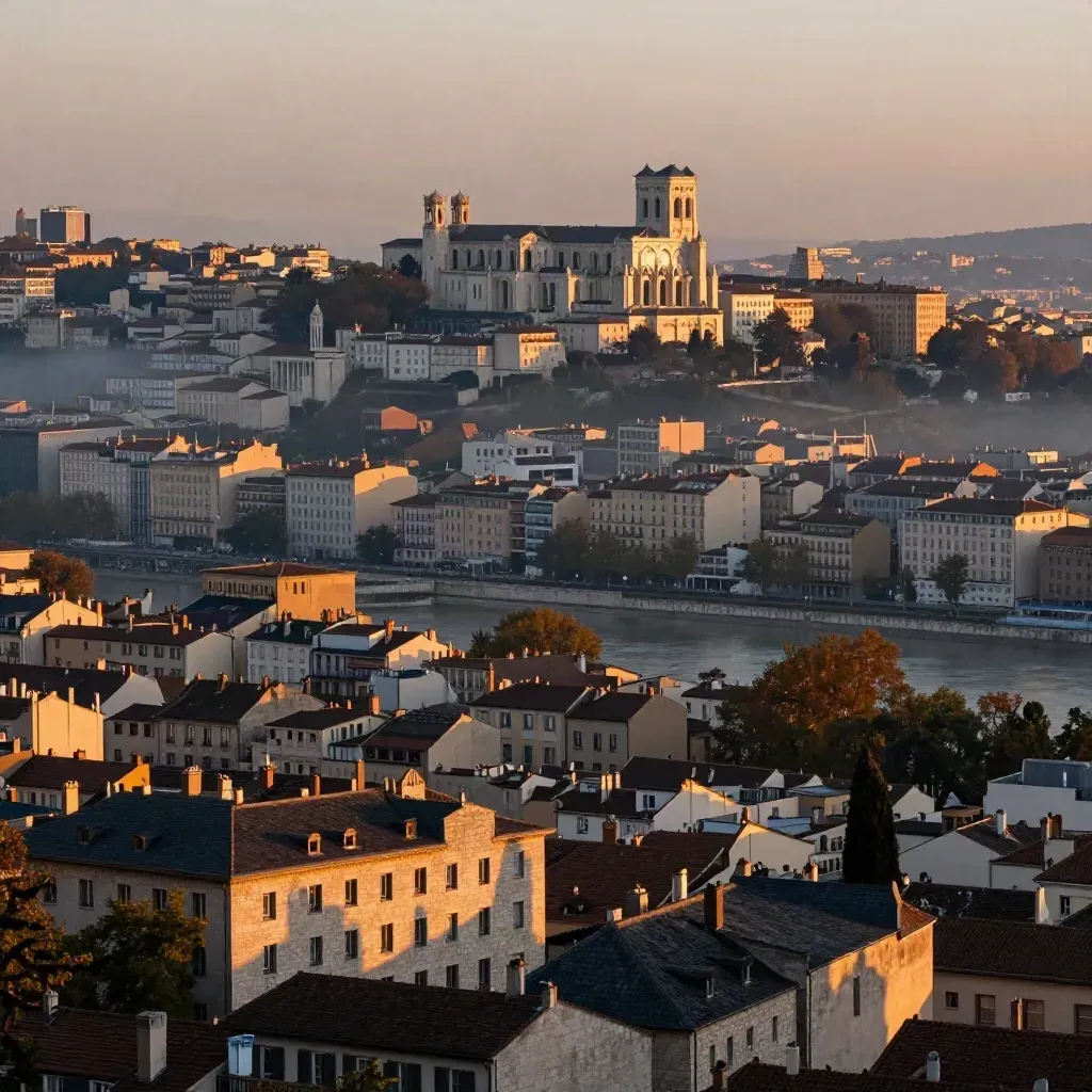 Vue de Lyon depuis Fourvière, Saône et Rhône dans la brume dorée, ciel chaud et espace calme.