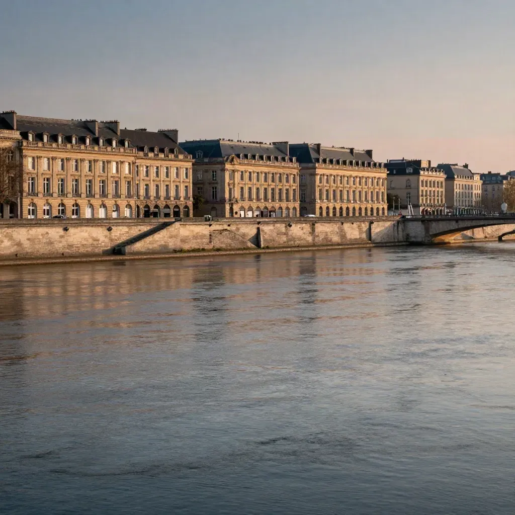 Bordeaux au bord de la Garonne, façades en pierre dorée et reflets calmes au crépuscule.