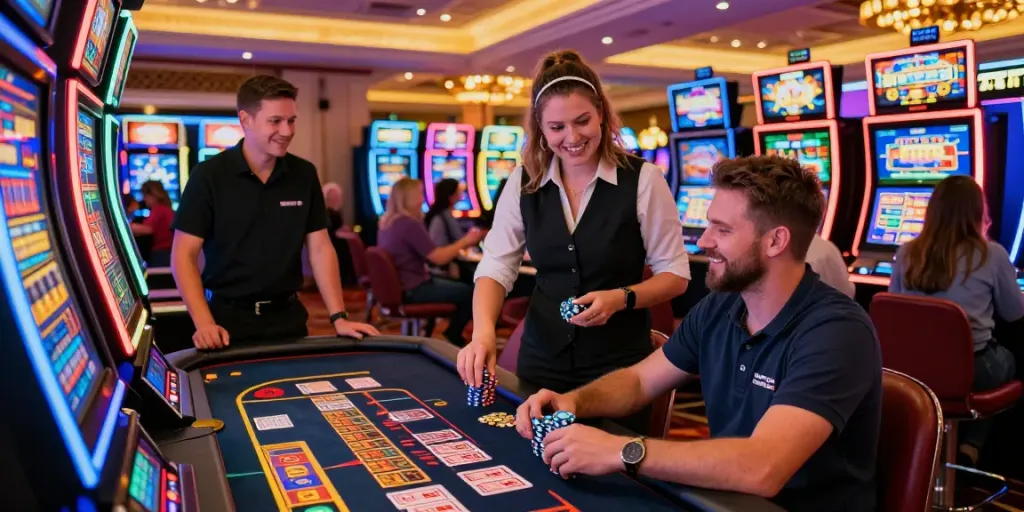 Casino gratuit sans dépôt avec des joueurs enthousiastes profitant des machines à sous et des jeux de table.