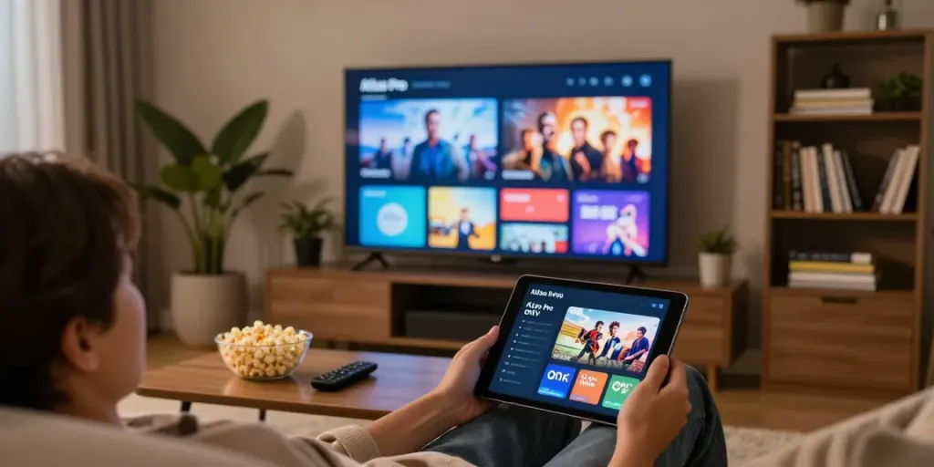 Profitez d'une soirée cinéma avec l'application atlas pro sur une tablette dans un salon moderne.